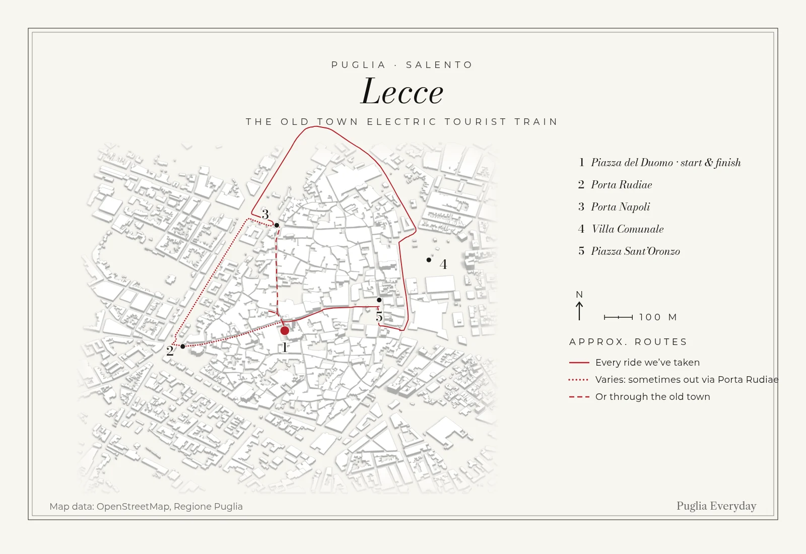 Approximate map of Lecce's Old Town Electric Tourist Train, starting and finishing at Piazza del Duomo: between the Duomo and Porta Napoli it sometimes runs out via Porta Rudiae along the walls, then always follows the boulevards past the Villa Comunale and returns through Piazzetta Santa Chiara and Piazza Sant'Oronzo