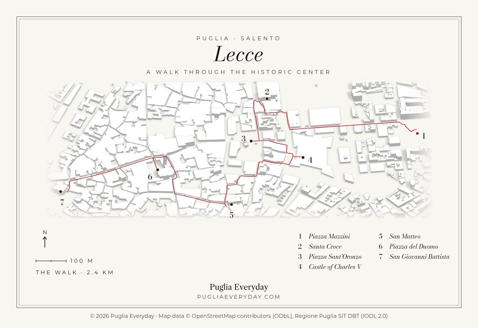 Map of a 2.4 km walking route through Lecce's historic center: Piazza Mazzini, Basilica of Santa Croce, Piazza Sant'Oronzo, Castle of Charles V, Chiesa di San Matteo, Piazza del Duomo and Chiesa di San Giovanni Battista